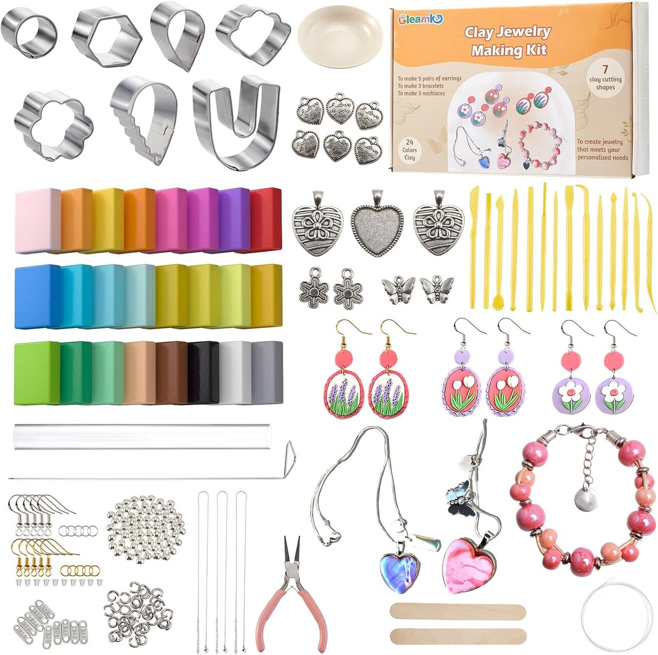 DIY Make Your Own Clay Jewelry Dish Craft Kit for Girls - Jewelry Dish Making Kit, w/24 Color Polymer Clay, 7 Circle Cutters, Rollers,212 pcs Earring Making Tools Arts and Crafts for Kids Ages 6-14